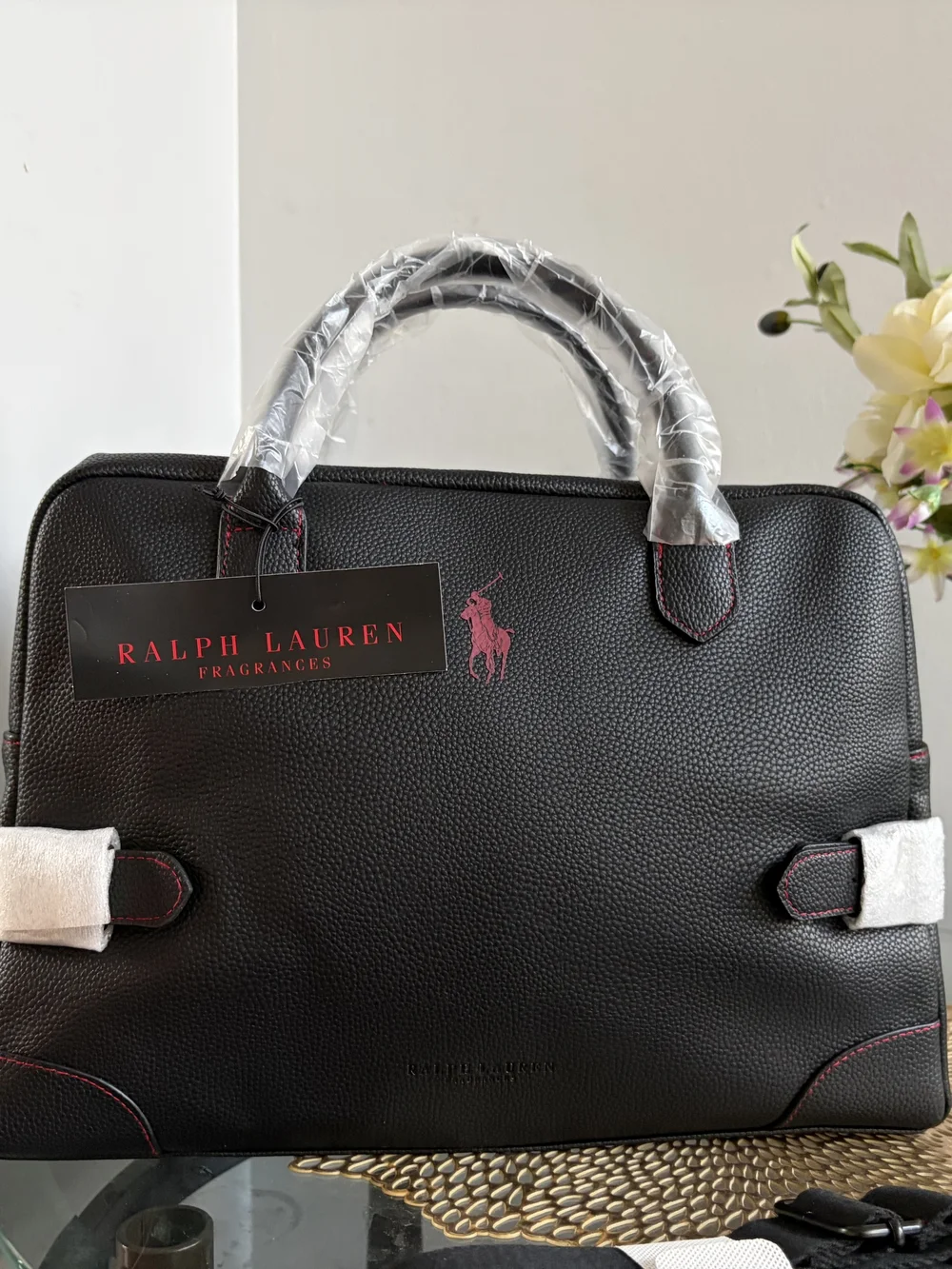 Ralph Lauren Black Leather Messenger with Red Logo Accent